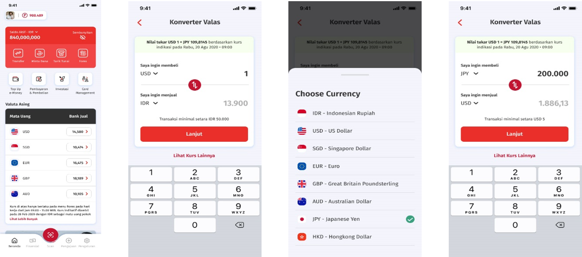 Menu transaksi valas melalui ONe Mobile